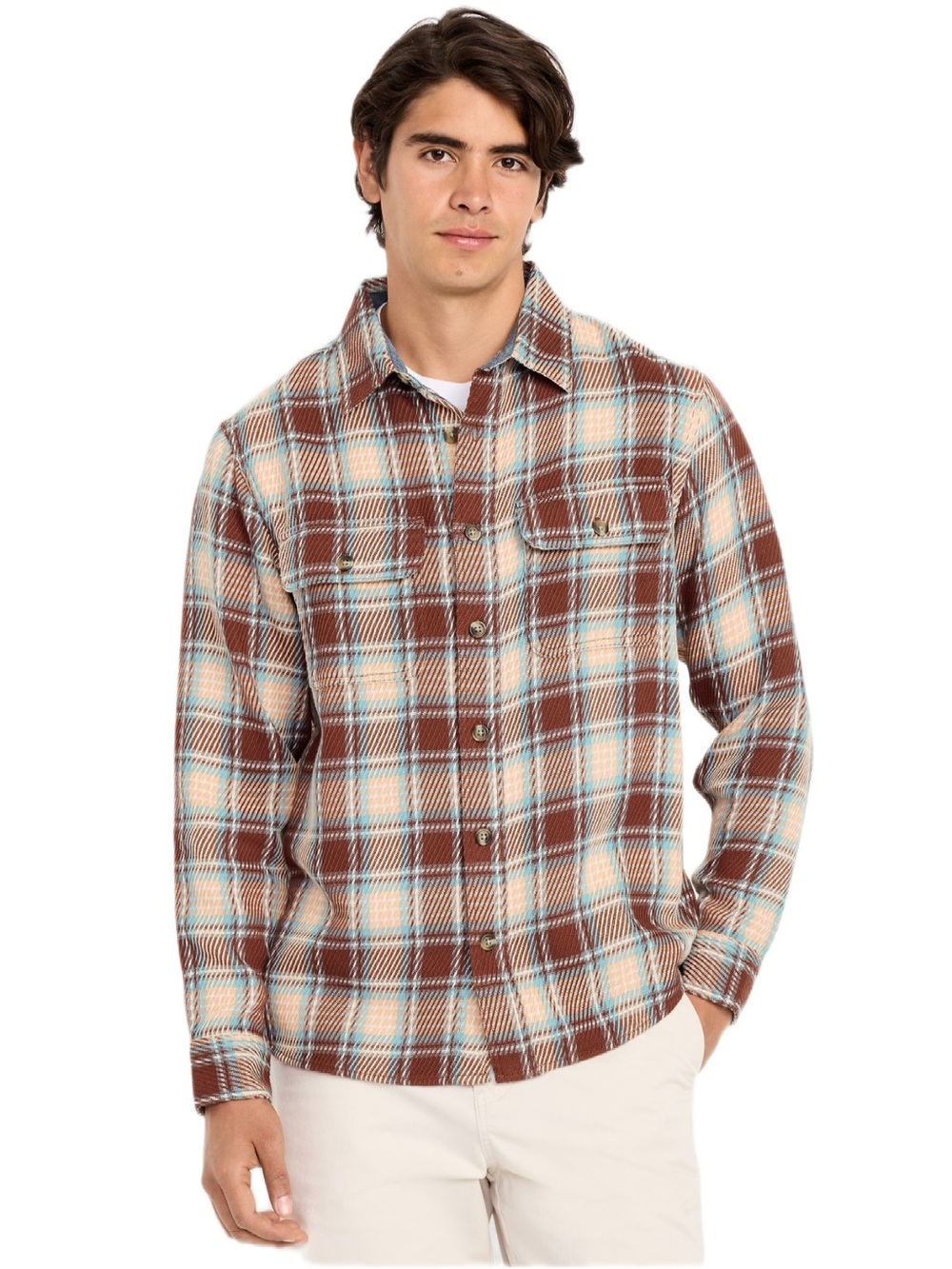 Men's Brown and Cream Plaid Button-Up Shirt